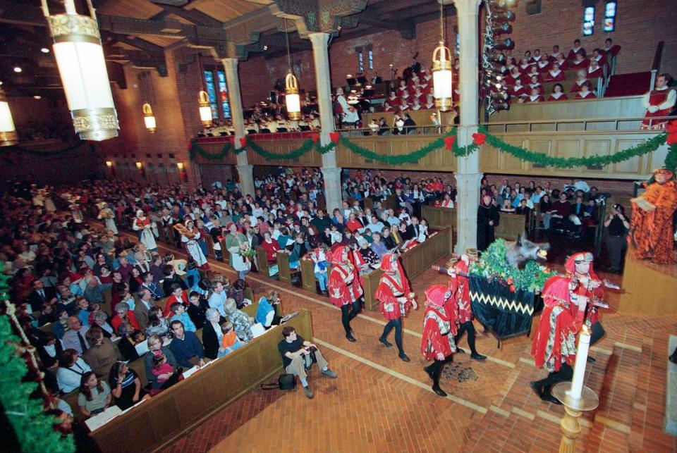 Expect a full house at the annual Boar’s Head and Yule Log Festival at University Christian Church, where Beefeater guards in bright red jackets lead the procession carrying an actual boar’s head down the aisle. This photo is from the 1998 pageant. It hasn’t changed a bit.