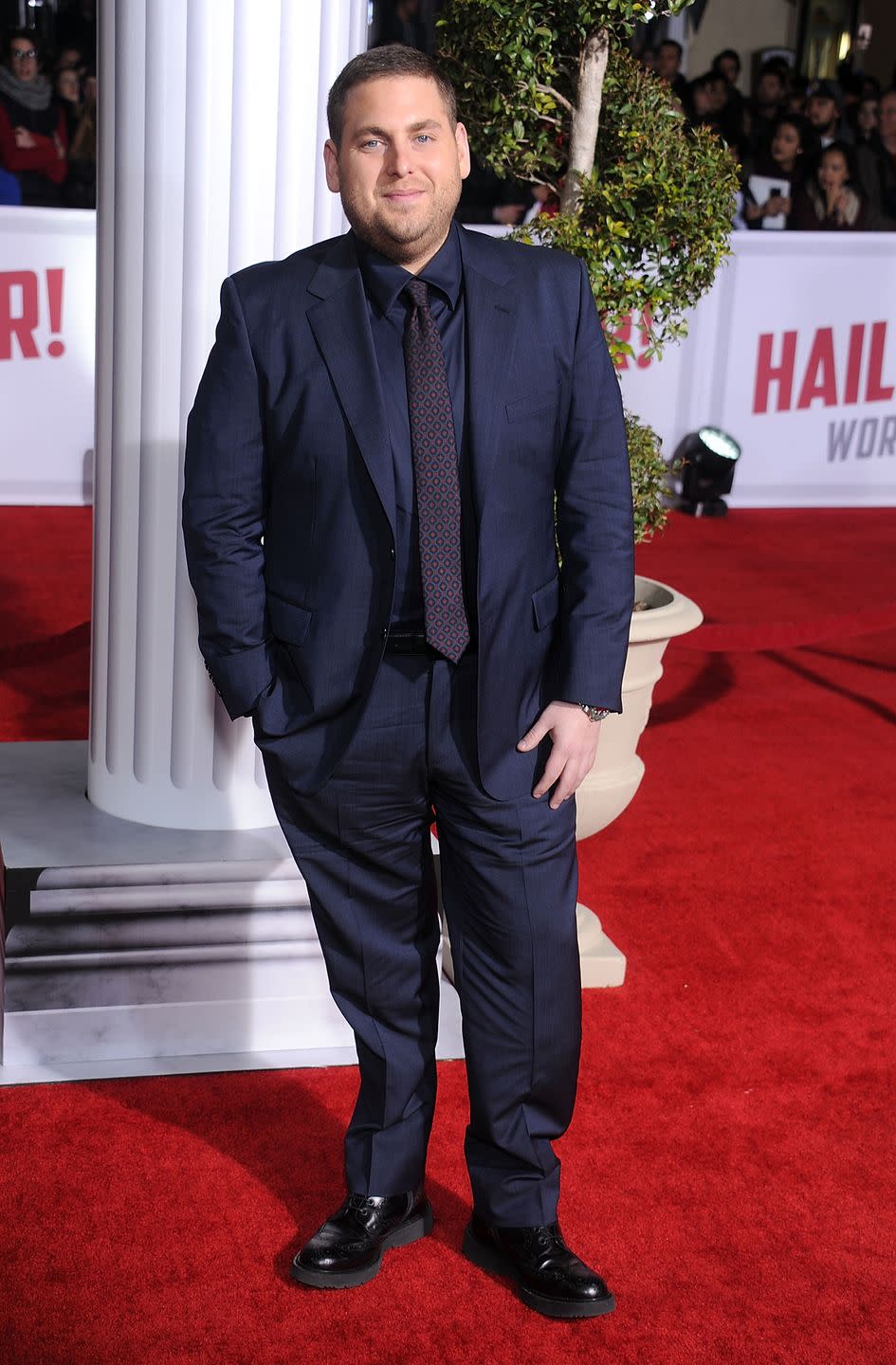 jonah hill arrives at the hail, caesar premiere