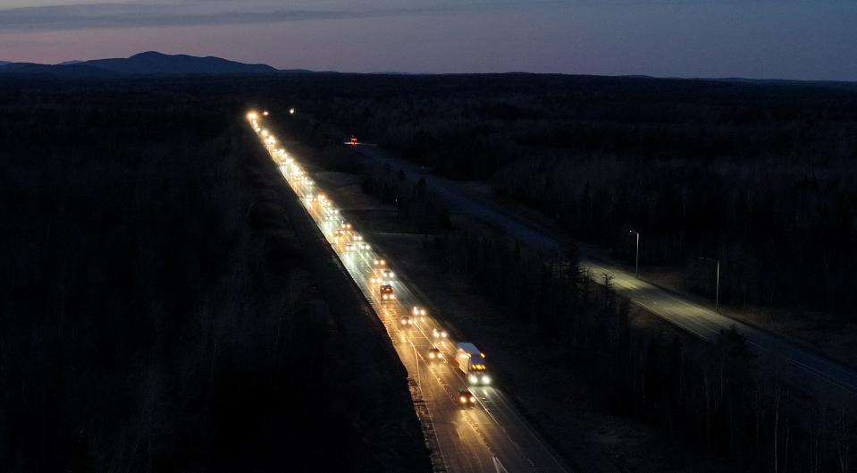I-95 southbound traffic is heavy as people make their way home after the eclipse April 8, 2024, in Houlton, Maine.