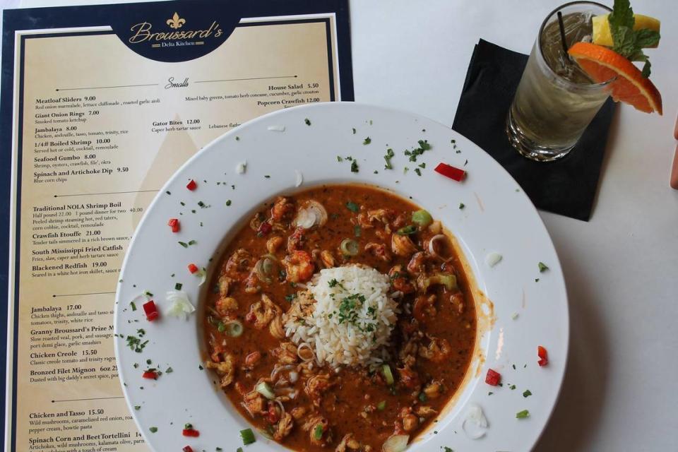 Broussard’s Delta Kitchen’s Crawfish Etouffee featuring domestic crawfish simmered in a rich seafood stock with a deep dark brown roux.