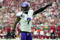 Minnesota Vikings cornerback Patrick Peterson (7) motions during the first half of an NFL football game against the Arizona Cardinals, Sunday, Sept. 19, 2021, in Glendale, Ariz. (AP Photo/Rick Scuteri)