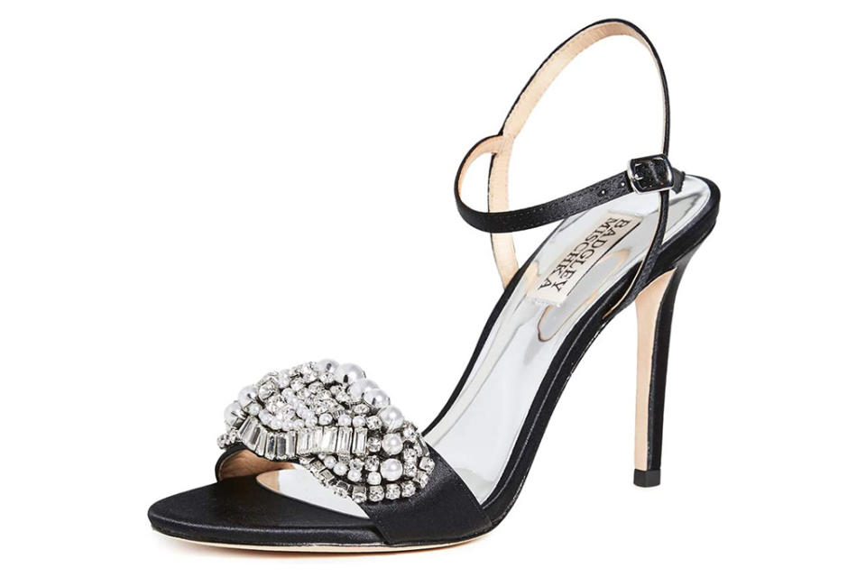 black heels, sandals, embellished, badgley mischka