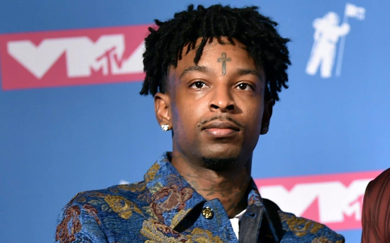 21 Savage poses in the press room at the MTV Video Music Awards at Radio City Music Hall in New York - Invision