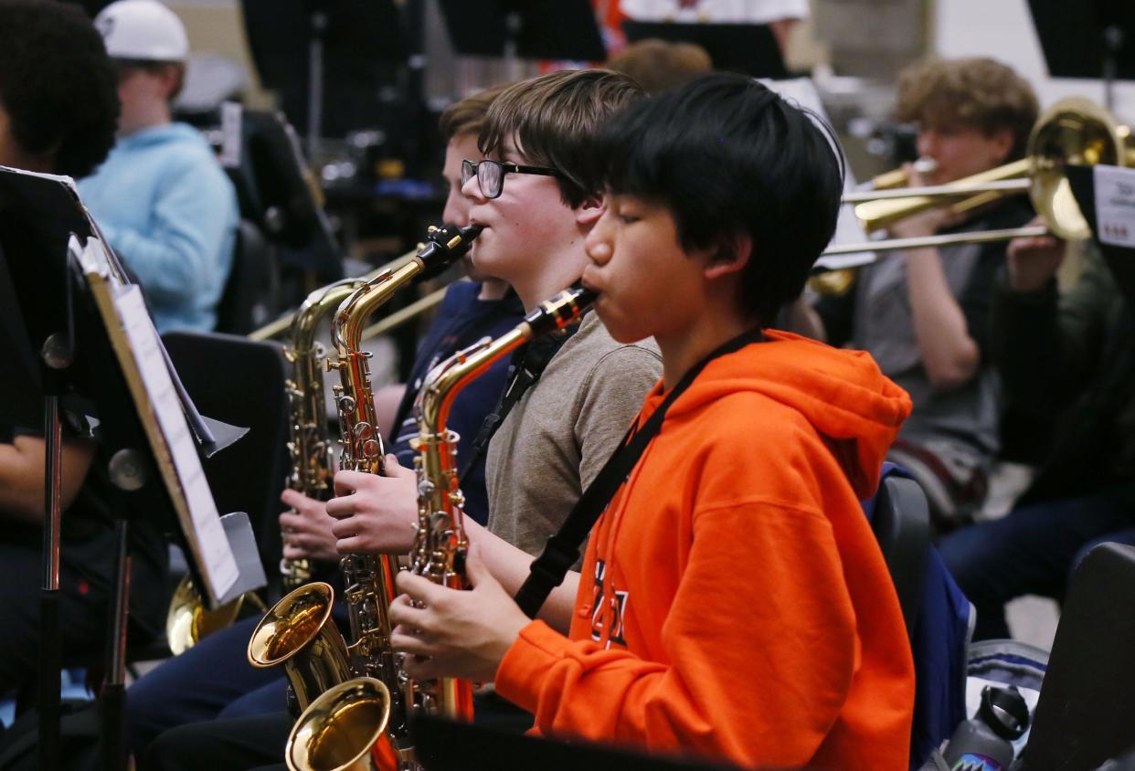 Ames Middle school band practices for upcoming concert at the school on Wednesday, April 24, 2024, in Ames, Iowa.