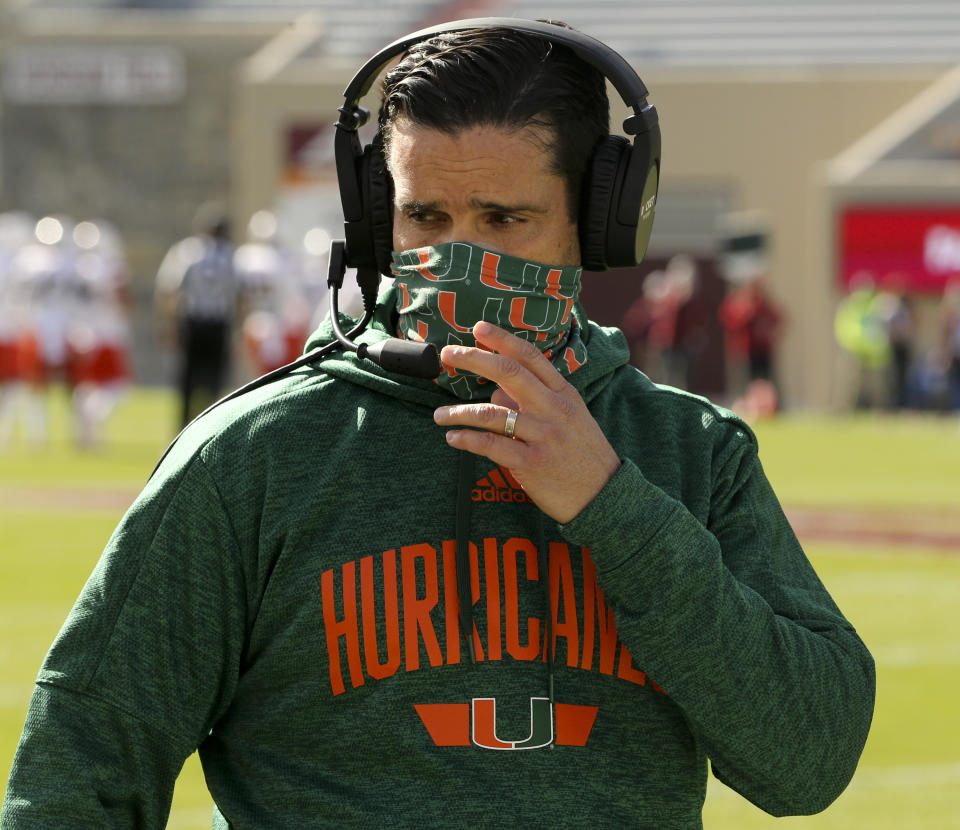 Miami head coach Manny Diaz of an NCAA college football game Saturday, Nov. 14, 2020, in Blacksburg, Va.(Matt Gentry/The Roanoke Times via AP, Pool)