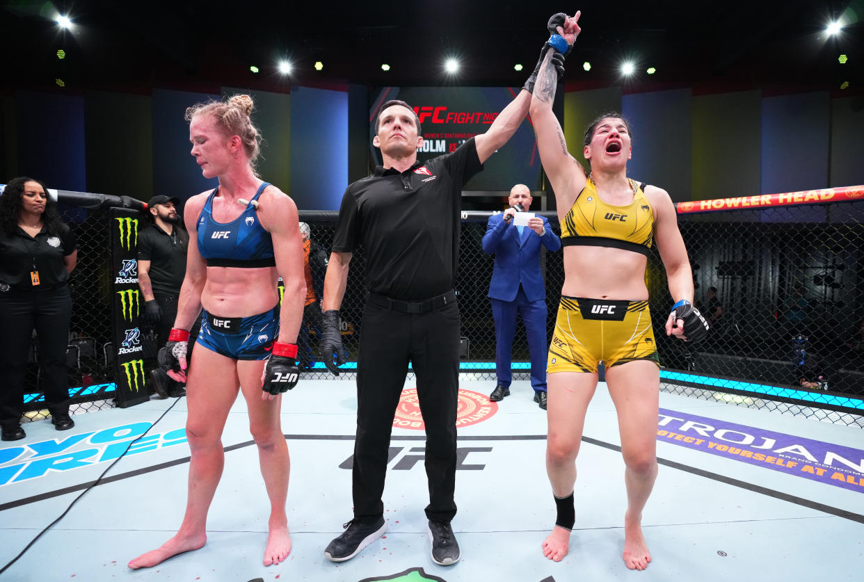 LAS VEGAS, NEVADA - MAY 21: Ketlen Vieira of Brazil reacts after her split-decision victory over Holly Holm in a bantamweight bout during the UFC Fight Night event at UFC APEX on May 21, 2022 in Las Vegas, Nevada. (Photo by Chris Unger/Zuffa LLC)