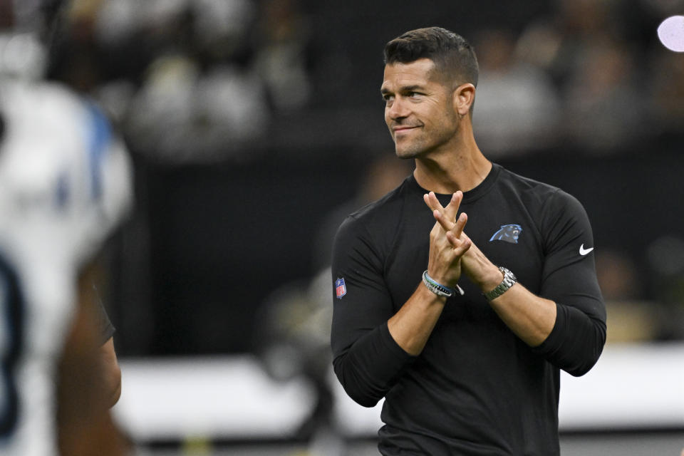 Carolina Panthers head coach Dave Canales walks the field before an NFL football game against the Carolina Panthers, Sunday, Sept. 8, 2024, in New Orleans. (AP Photo/Matthew Hinton)