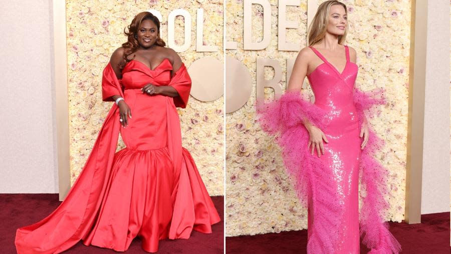 “The Color Purple” nominee Danielle Brooks (Left) in custom Moschino goes red, while “Barbie” herself Margot Robbie (Right) wears a hot pink custom Giorgio Armani Privé sequined gown and a pink tulle boa inspired by the Superstar Barbie doll from 1977 at the 2024 Golden Globe Awards. (Amy Sussman/Getty Images)