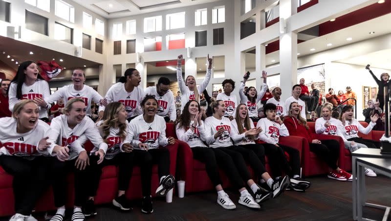 Southern Utah University’s women’s basketball team reacts to being seeded No. 14 in the NCAA Tournament and drawing No. 3 Notre Dame on Sunday, March 12 2023.
