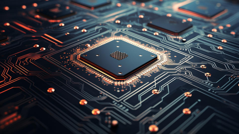 A close-up of a complex network of integrated circuits used in logic semiconductors.