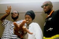 <p>The Fugees—Wyclef Jean, Lauryn Hill, and Pras Michel—backstage at the Manhattan Center in 1993 in New York City.</p>