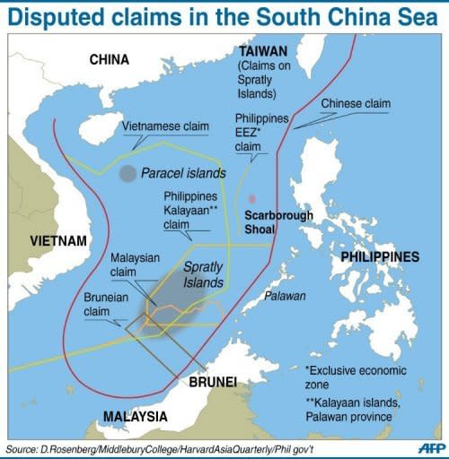 Graphic on the disputed boundaries in the South China Sea. The Philippines has hailed the start of major war games with the United States as a timely boost to their military alliance, amid an increasingly tense territorial dispute with China