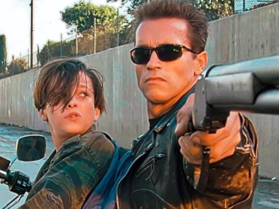 Edward Furlong as John Connor and Arnold Schwarzenegger as the T-800 in "Terminator 2: Judgement Day."