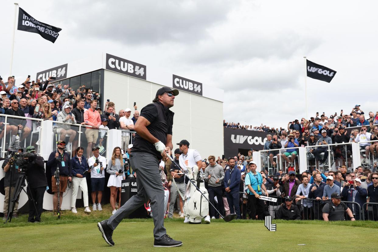 Phil Mickelson watches his shot from the 1st tee on the first day of the LIV Golf Invitational Series event at The Centurion Club in St Albans, north of London, on June 9, 2022. 