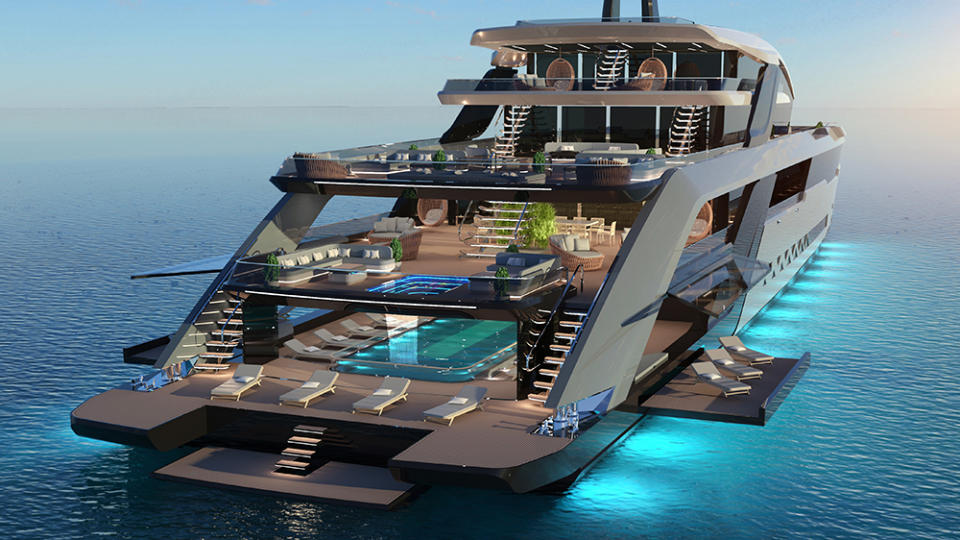 The luxurious 255-footer boasts two pools, a beach club, a Jacuzzi and an aquarium - Credit: The Yacht Mogul/Abbasli Design