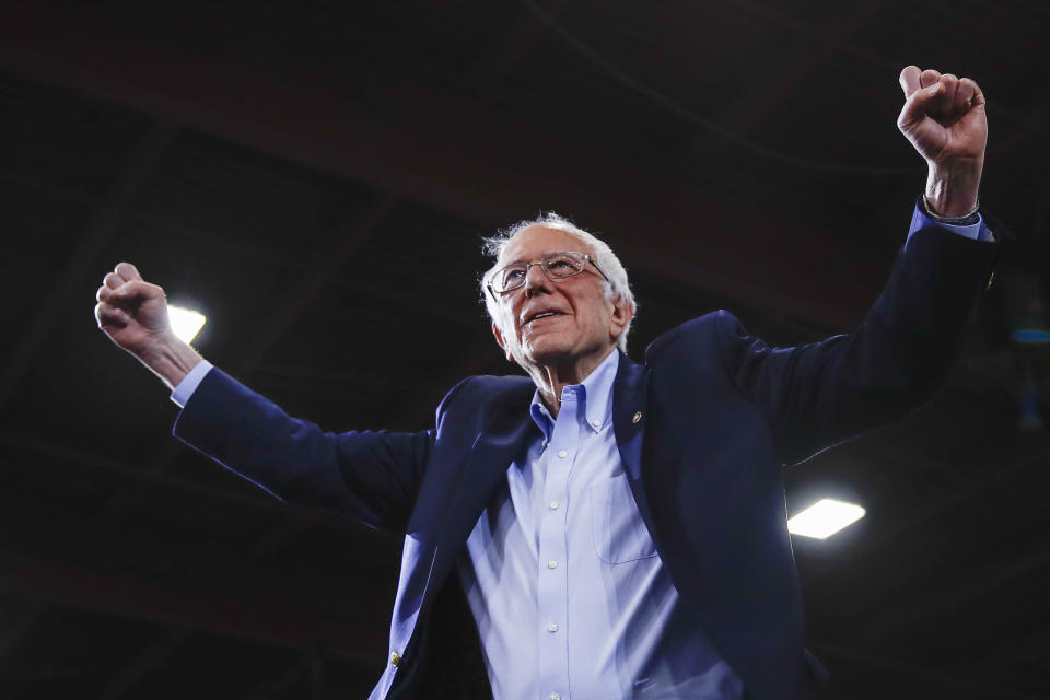 Democratic presidential candidate Sen. Bernie Sanders, I-Vt., arrives at a primary night election rally in Essex Junction, Vt., Tuesday, March 3, 2020. (AP Photo/Matt Rourke)