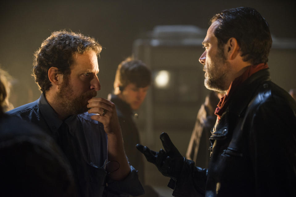 Executive producer Scott Gimple on the set of the Season 7 premiere with Jeffrey Dean Morgan (Photo: Gene Page/AMC)