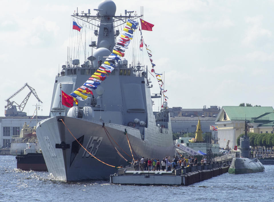 FILE - Chinese destroyer Xian is moored at the Neva River embankment in St.Petersburg, Russia, Friday, July 26, 2019. China says Chinese-Russian naval drills beginning Wednesday aim to “further deepen" cooperation between the sides whose unofficial anti-Western alliance has gained strength since Moscow's invasion of Ukraine. (AP Photo/Dmitri Lovetsky, File)