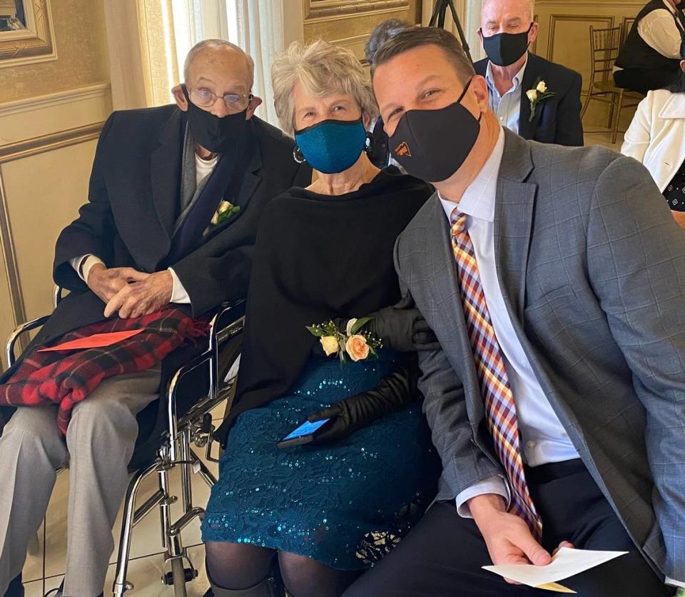 Kelly Wells, right, with his parents, Mickey, left, and Doris Wells before they died in 2021. Mickey is the all-time winningest women’s basketball coach in Morehead State history. Doris was a longtime administrative assistant at the school.