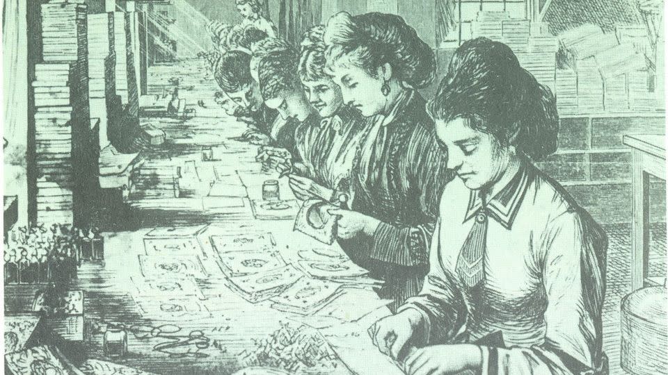 Howland enlisted the help of other women to make her cards, using an assembly-line approach. - Courtesy Collection of Worcester Historical Museum