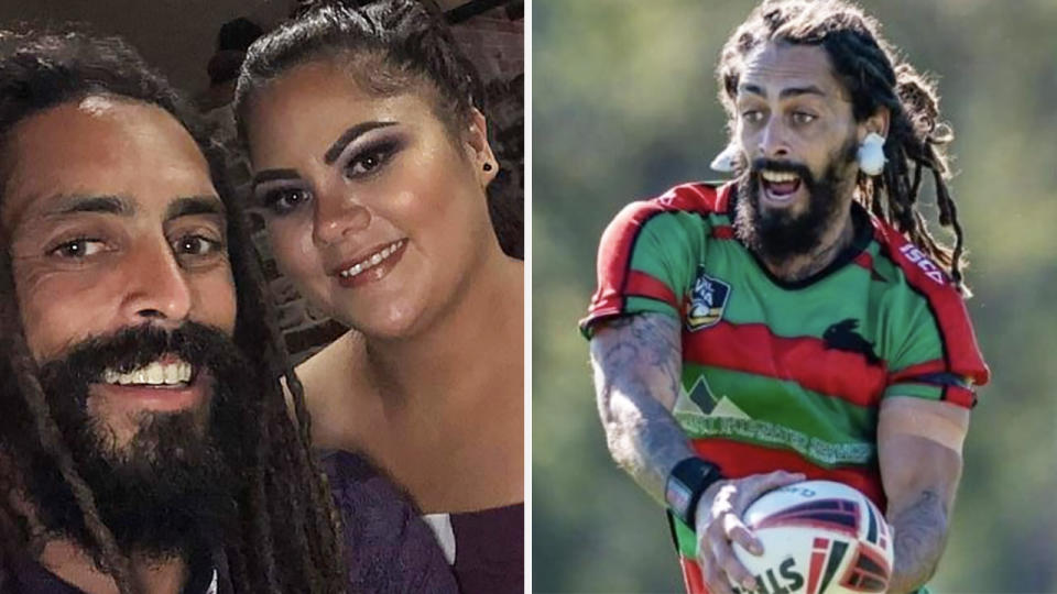 A 50-50 split image shows a selfie of Wiremu Kahui and wife Haylee on the left, and Wiremu Kahui playing rugby league on the right.
