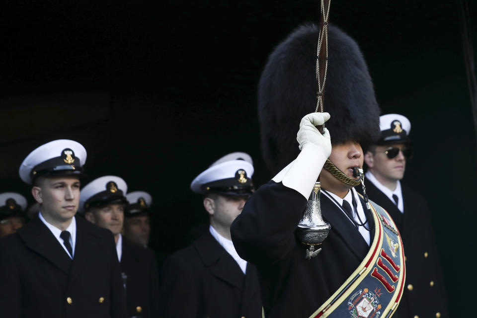 The Navy march-on begins before the start of the Army Navy college football game at Lincoln Financial Field in Philadelphia on Saturday, Dec. 10, 2022. (Heather Khalifa/The Philadelphia Inquirer via AP)