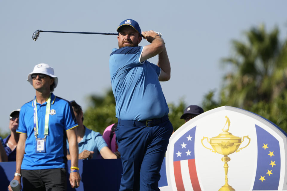 Europe's Shane Lowry plays a shot from the 10th tee during practice round ahead of the Ryder Cup at the Marco Simone Golf Club in Guidonia Montecelio, Italy, Wednesday, Sept. 27, 2023. The Ryder Cup starts Sept. 29, at the Marco Simone Golf Club. (AP Photo/Alessandra Tarantino)