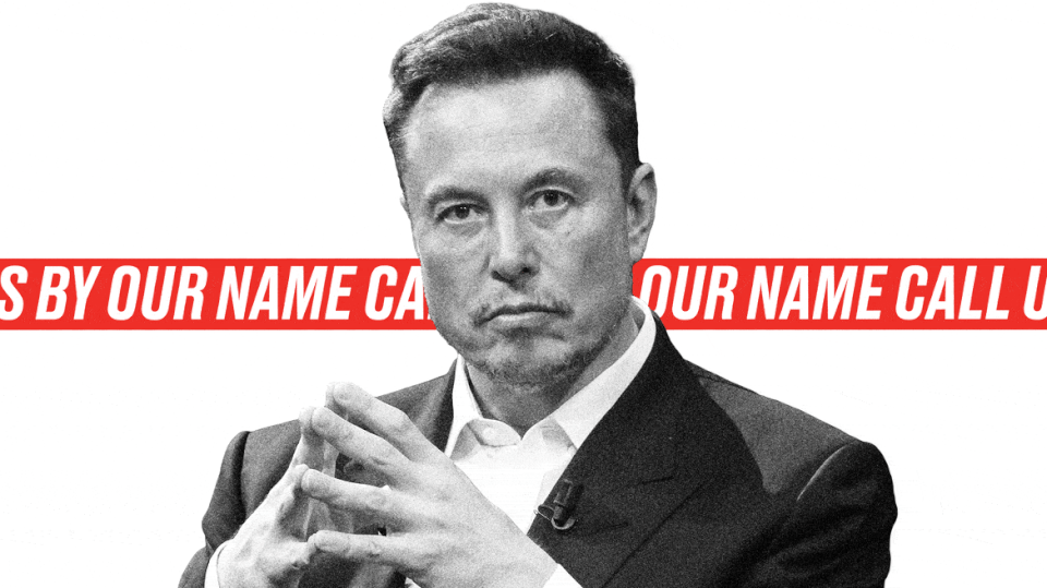 Twitter boss Elon Musk in an animated GIF with the words "Call Us By Our Name" scrolling behind him.