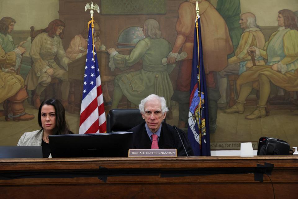 New York State Supreme Court Judge Arthur Engoron, right, with his chief clerk Allison Greenfield, as the judge presides over Donald Trump’s fraud trial. (REUTERS)