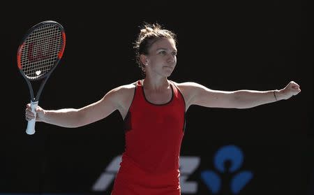 Tennis - Australian Open - Quarterfinals - Rod Laver Arena, Melbourne, Australia, January 24, 2018. Simona Halep of Romania celebrates winning against Karolina Pliskova of Czech Republic. REUTERS/Issei Kato