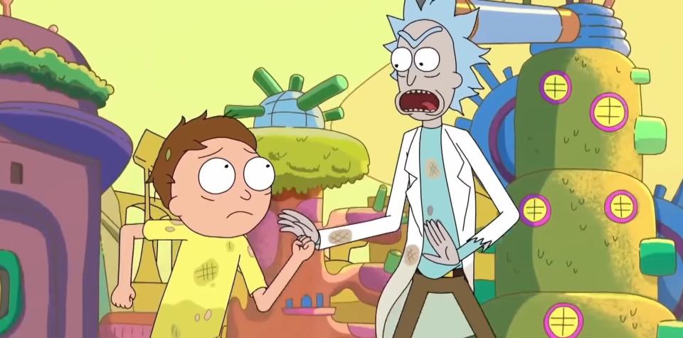 Rick and Morty running through Rick's microverse in "Rick and Morty"