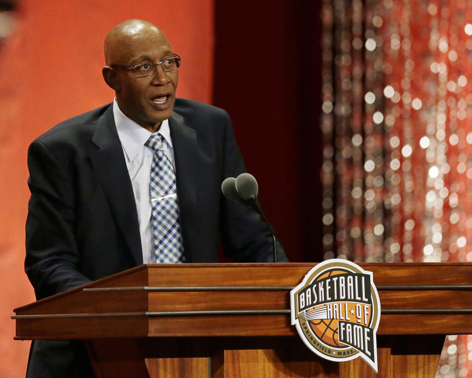 FILE - Former NBA star George McGinnis speaks during his enshrinement into the Naismith Memorial Basketball Hall of Fame on Friday, Sept. 8, 2017, in Springfield, Mass. McGinnis, a Hall of Fame forward who was a two-time ABA champion and three-time All-Star in the NBA and ABA, died Thursday, Dec. 14, 2023 He was 73. (AP Photo/Stephan Savoia, File)