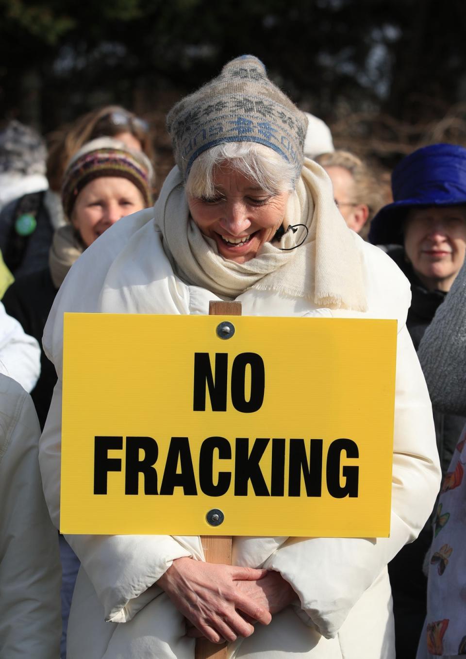 Emma Thompson takes part in an anti-fracking walk and silent protest at the Cuadrilla site (PA) (PA Archive)