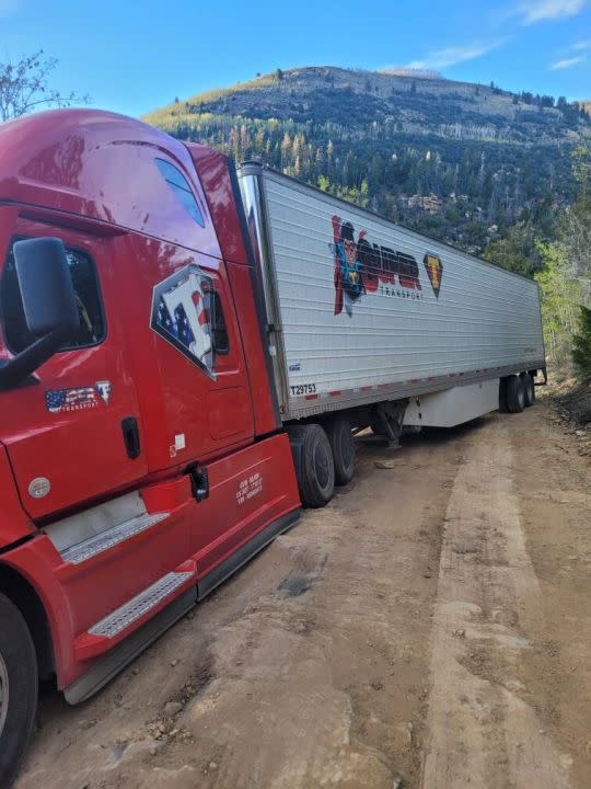 Semi-truck stranded on East Mountain in Emery County after following Google Maps directions to “Utah.” (Courtesy of Emery County Sheriff’s Department)