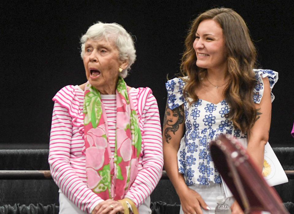 Dot Fant, left, of Anderson reacts alongside Ashtyn Jackson, right, as she is announced as the 28th annual winner of the Jo Brown Senior Citizen of the Year Award during the 9th Annual Golden Years Jamboree at the Anderson Sports & Entertainment Complex in Anderson, SC Wednesday, July 17, 2024.