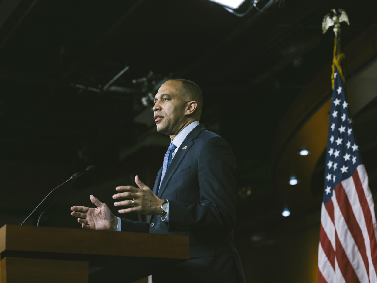 House Minority Leader Hakeem Jeffries (D-N.Y.) at a weekly news conference on Capitol Hill in Washington, on Thursday, April 11, 2024. (Jason Andrew/The New York Times)