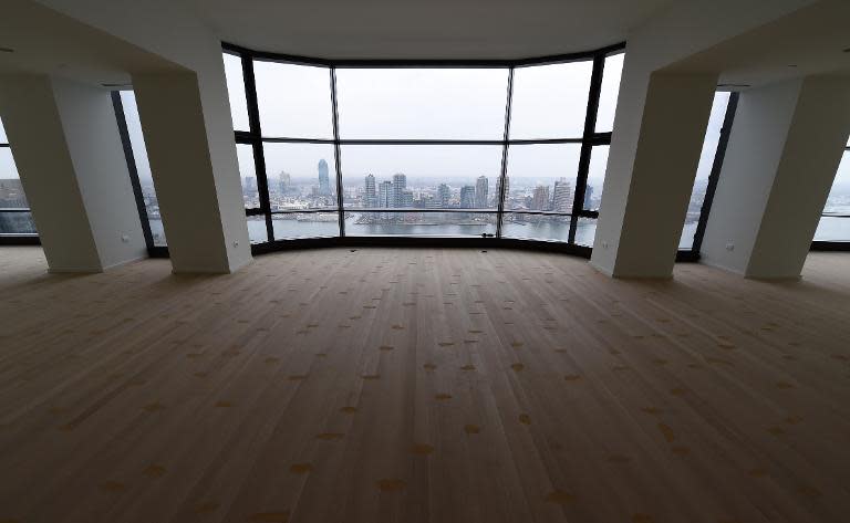 An unfurnished living room, with a view of Queens and the East River, inside the luxury high rise at 50 UN Plaza is seen April 3, 2015 in New York