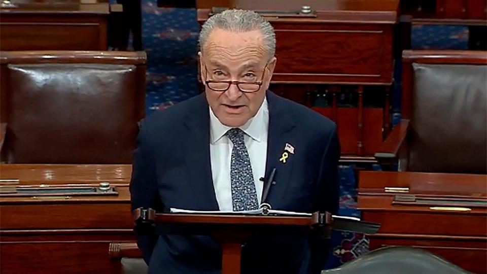 PHOTO: In this image from video provided by Senate TV, Senate Majority Leader Chuck Schumer, D-N.Y., speaks on the Senate floor at the Capitol in Washington, March 14, 2024.  (Senate TV via AP)