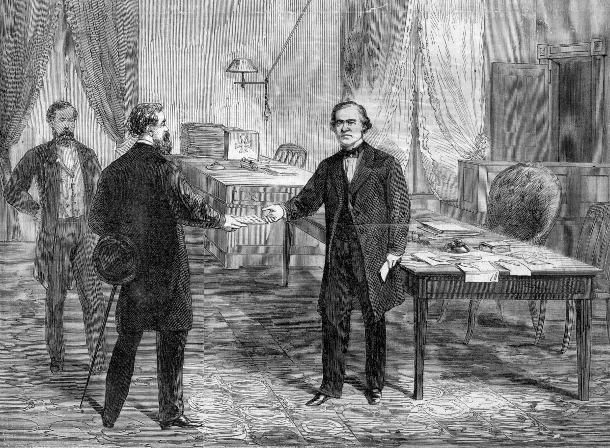 The Impeachment of President Andrew Johnson (1808-1875 - 17th President of the U. S.) on February 24, 1868. Woodcut.