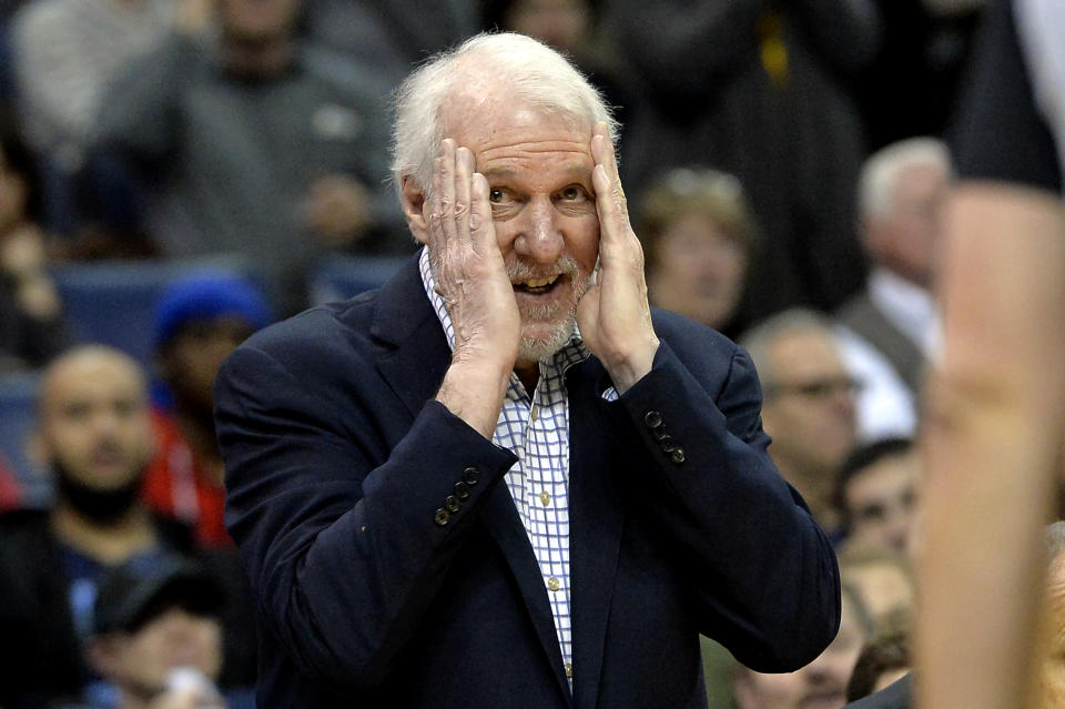 Spurs coach Gregg Popovich has not committed to returning after his contract runs up after this season. (AP Photo/Brandon Dill)