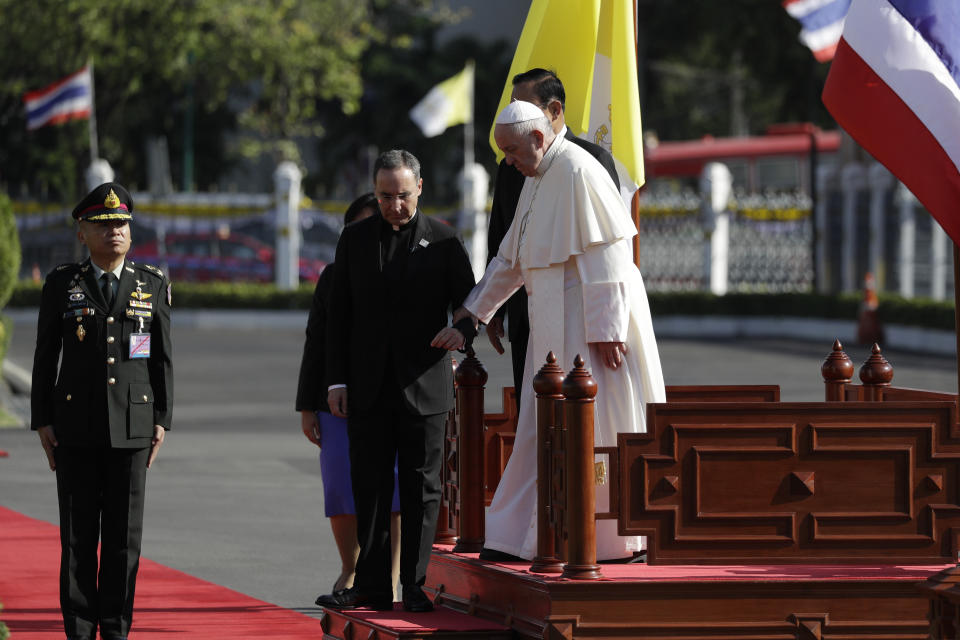 Pope Francis attends a welcome ceremony at the Government House courtyard, Thursday, Nov. 21, 2019, in Bangkok, Thailand. (AP Photo/Gregorio Borgia)