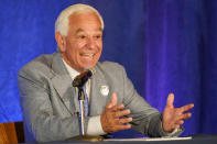 Former New York Mets manager Bobby Valentine speaks during a Stamford mayoral debate Thursday, Oct. 21, 2021, in Darien, Conn. Valentine is running as an unaffiliated candidate against 35-year-old Harvard-educated state Rep. Caroline Simmons, who upset the sitting Democratic mayor in a September primary. (AP Photo/Mary Altaffer)