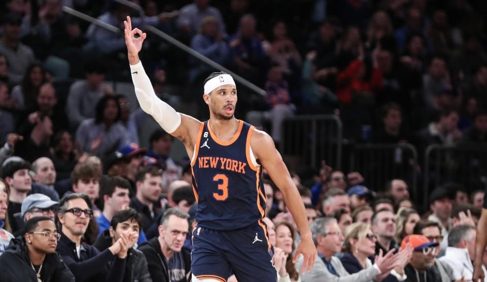 New York Knicks guard Josh Hart (3) reacts after making a three point shot in the third quarter against the New Orleans Pelicans at Madison Square Garden.