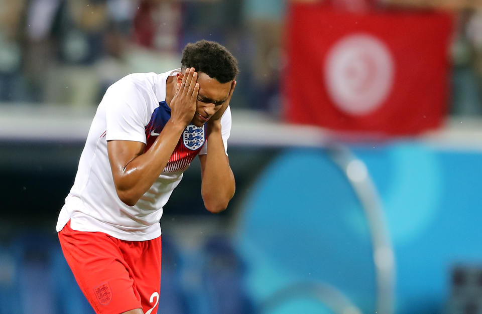 <p>England’s Trent Alexander-Arnold rubs insect repellent on his face before the FIFA World Cup Group G match at The Volgograd Arena, Volgograd. (Photo by Owen Humphreys/PA Images via Getty Images) </p>