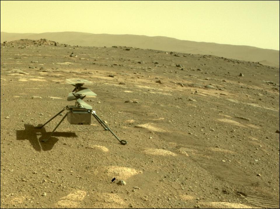 NASA's Mars Perseverance rover acquired this image of the helicopter using its onboard Rear Left Hazard Avoidance Camera on Apr. 4, 2021. / Credit: NASA/JPL-Caltech