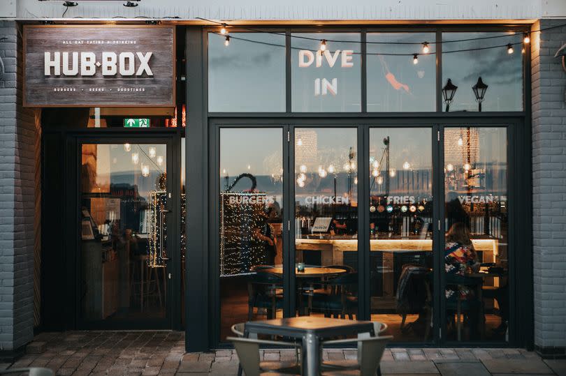 Outside of American-style restaurant in Cardiff Bay selling a street food-style menu