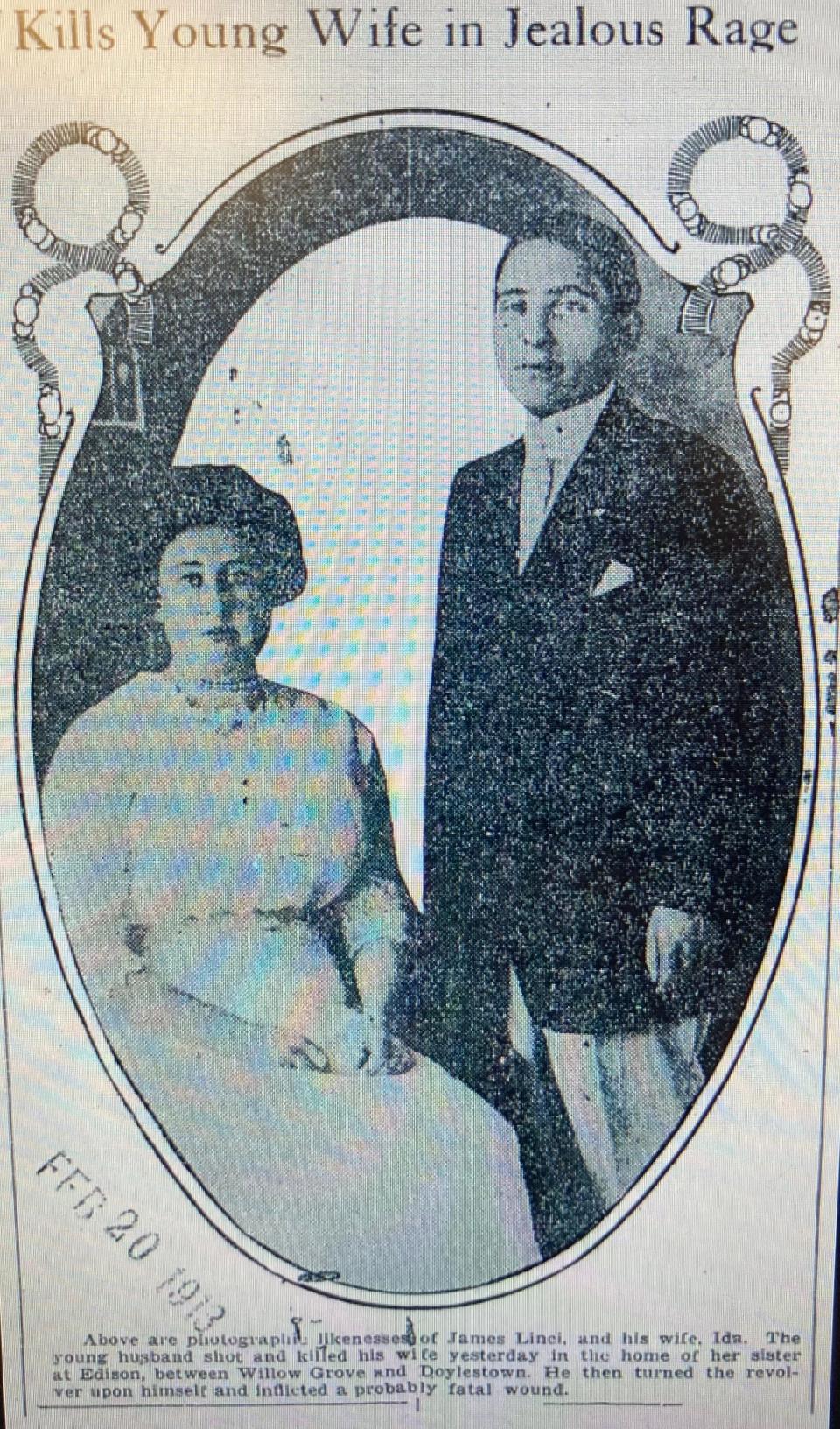 James Linzi, with wife Ida. Linzi was a bigamist who murdered Ida and unsuccessfully tried to kill himself, but survived. When he was nursed back to health, he was tried and convicted of his wife's murder and hanged on July 1, 1914. He was the last man hanged by a gallows shared by Bucks and Northampton counties.