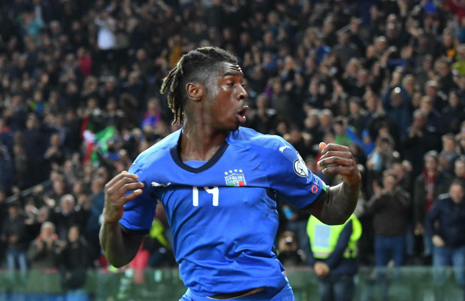 Italy's Moise Kean celebrates after scoring his side's second goal during the Euro 2020 Group J qualifying soccer match between Italy and Finland at the Friuli-Dacia Arena stadium in Udine, Italy, Saturday, March 23, 2019. (Alberto Lancia/ANSA via AP)