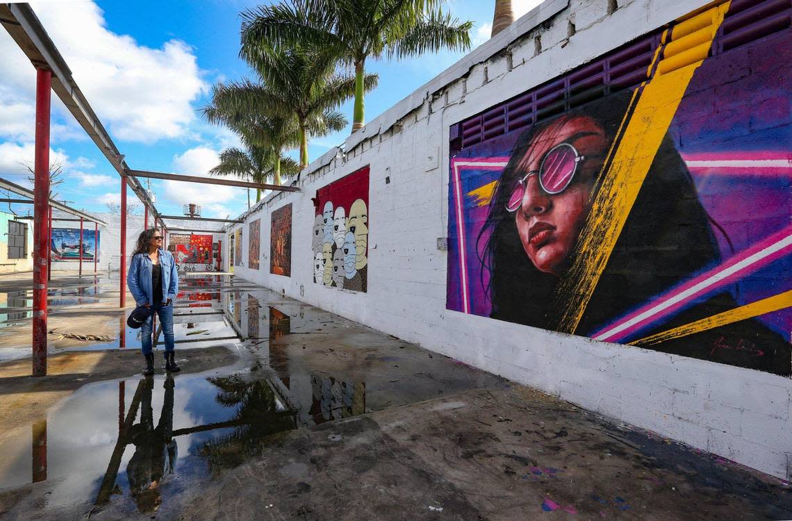 Developer Avra Jain, who revived the Vagabond Motel and half a dozen other Miami Modern historic district properties, is turning a former mattress factory in east Hialeah’s industrial district into a music, food, and events venue called Factory Town. Jain walks through a gallery of murals by Hialeah artists painted on the walls of an old warehouse whose roof has been removed as it’s converted into an open-air music, exhibition and performance space.