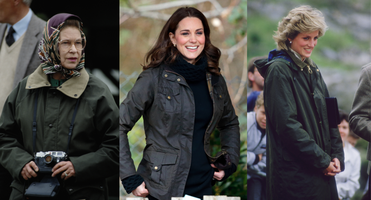 royal family, barbour, three pictures of queen elizabeth, kate middleton, and princess diana wearing dark green barbour jackets 